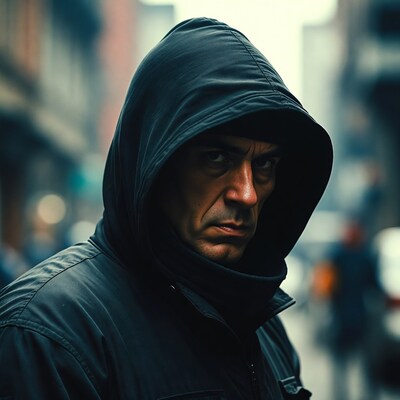 Man in black hoodie on urban street