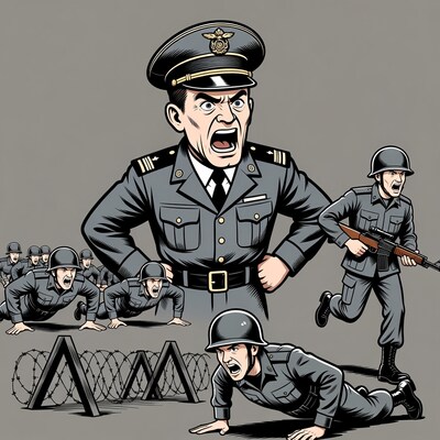 Angry military officer shouting at soldiers
