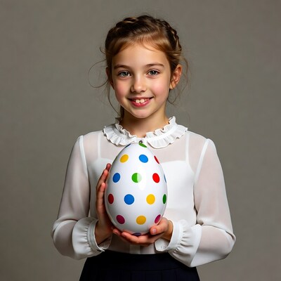 Girl holding colorful polka dot Easter egg