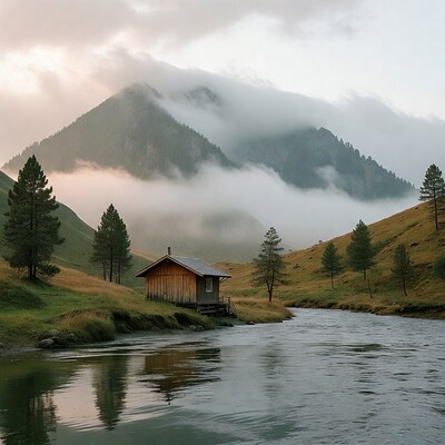 Wooden Cabin by River in Misty Mountains