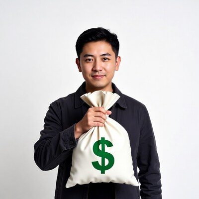 Asian man holding money bag