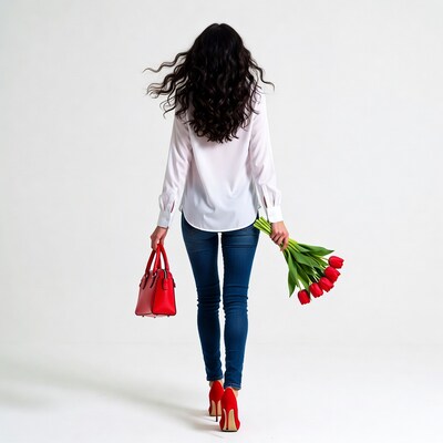 Woman walking with red handbag and tulips