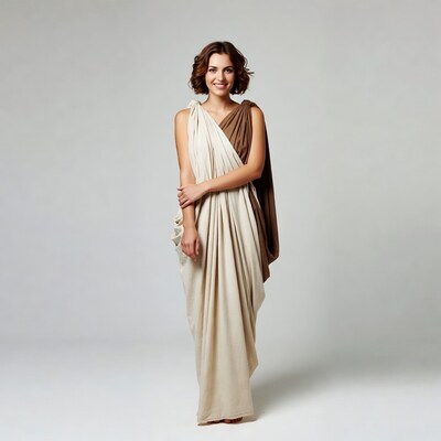Woman in white and brown toga dress