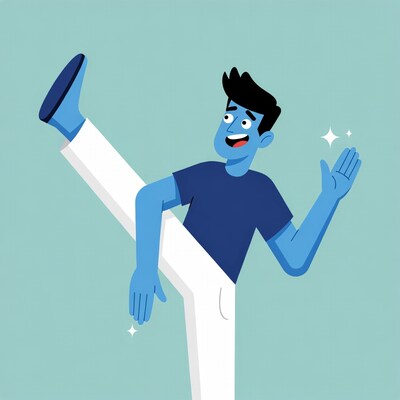 Cartoon man waving with leg raised