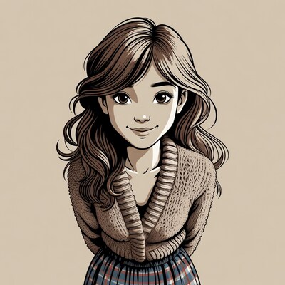 Anime girl in sweater and plaid skirt