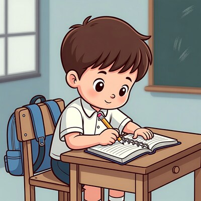 Boy writing in notebook at desk