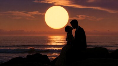 Silhouette couple kissing at sunset beach
