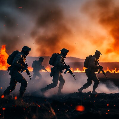 Soldiers advancing through wildfire