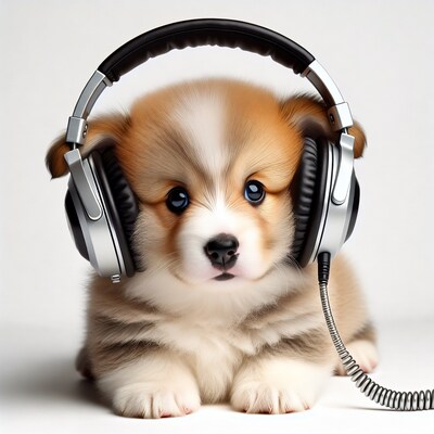 Corgi puppy wearing headphones