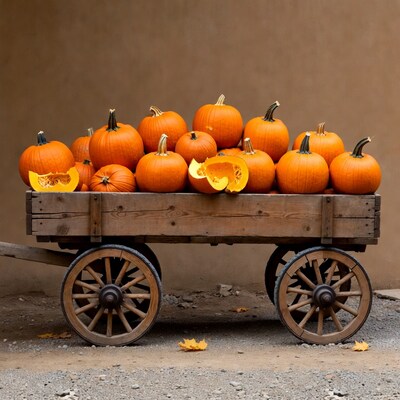 Pumpkins in Wooden Wagon