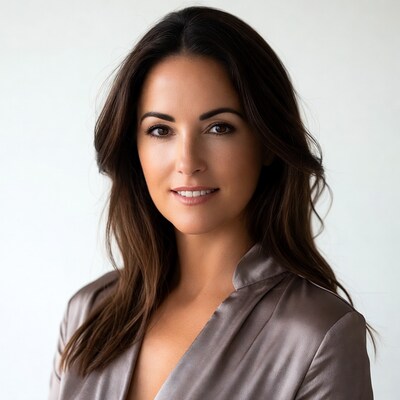 Smiling woman in silk blouse