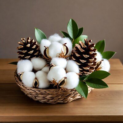 Cotton Bolls and Pine Cones in Wicker Basket