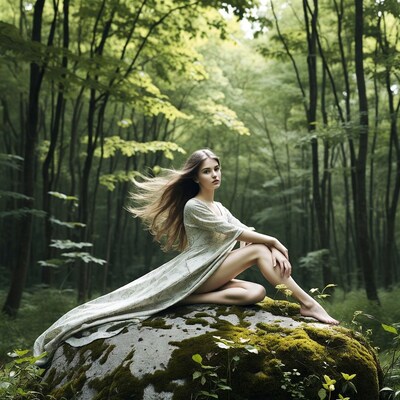 Woman in flowing dress on forest rock