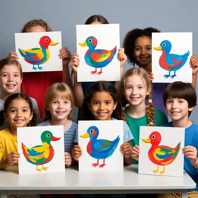 Diverse children holding colorful duck paintings