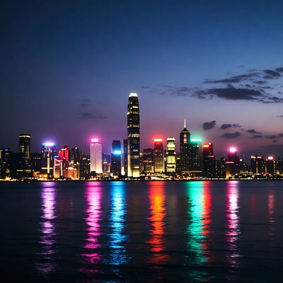 Hong Kong Skyline at Night with Water Reflection