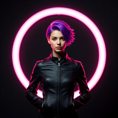 Woman with purple hair in neon circle