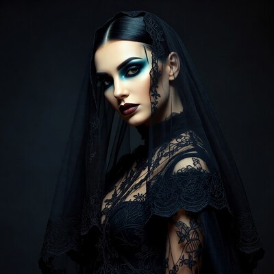 Woman in black lace veil and dress