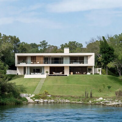 Modern white house on lakeside hill