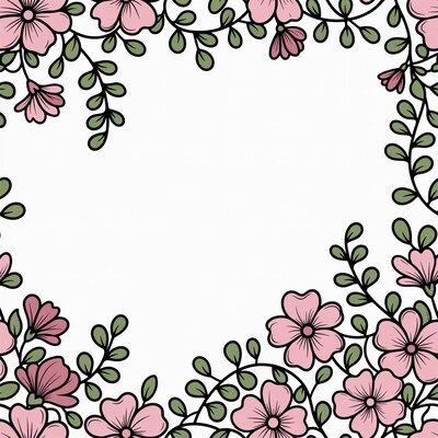 Pink Flowers and Vines Border Illustration