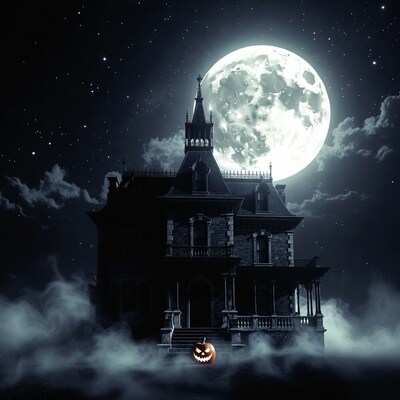 Haunted Mansion with Jack-o-Lantern under Full Moon