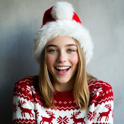 Smiling girl in Santa hat and reindeer sweater