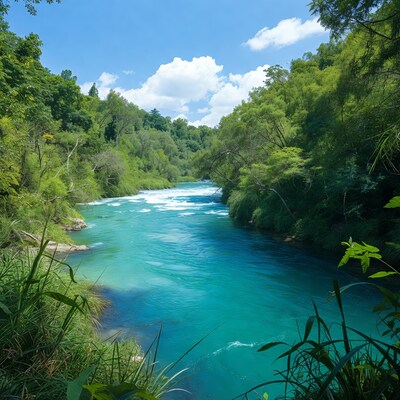 Turquoise River Flowing Through Lush Forest
