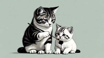 Kittens painting with brush