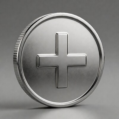 Silver coin with plus symbol