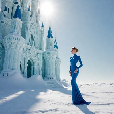 Woman in blue gown at ice castle