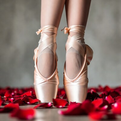 Ballerina's pointe shoes on red rose petals