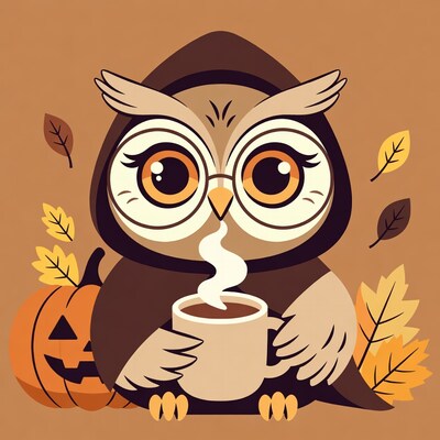Cute Owl in Hood Drinking Coffee
