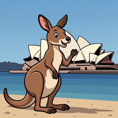 Cartoon Kangaroo Waving at Sydney Opera House