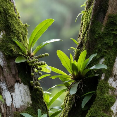 Orchid with berries on mossy tree
