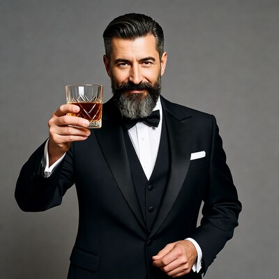 Bearded man toasting whiskey glass
