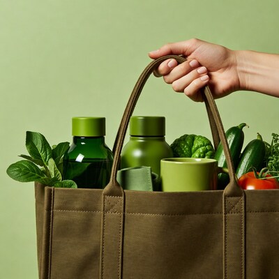 Hand holding grocery bag with vegetables