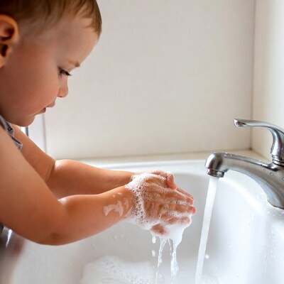 Baby washing hands with soap