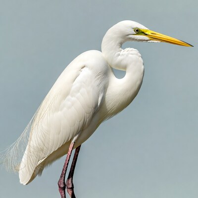 Great Egret standing on blue background