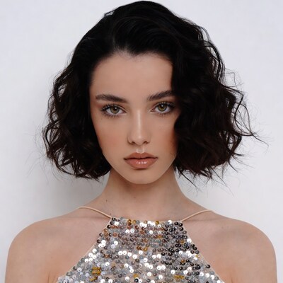 Woman in sequin top with wavy black hair