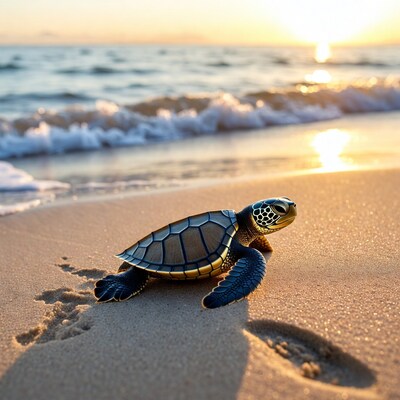 Baby Sea Turtle on Beach at Sunset
