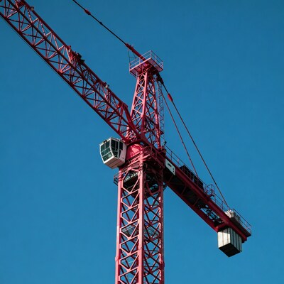 Red Tower Crane Against Blue Sky