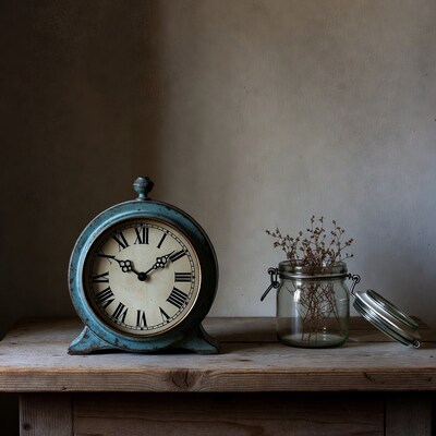 Vintage Blue Clock with Dried Flowers