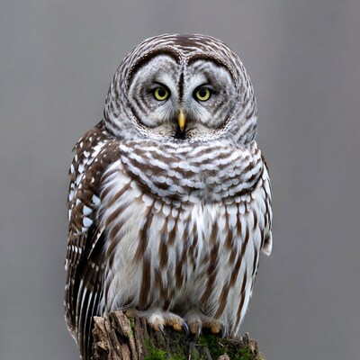 Barred Owl Perched on Mossy Stump