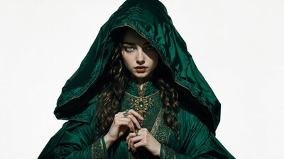 Woman in green hooded robe