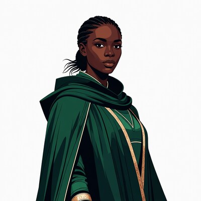 African woman in green hooded cloak