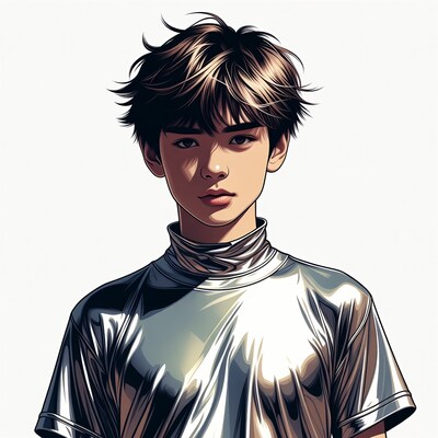 Anime boy in shiny silver turtleneck