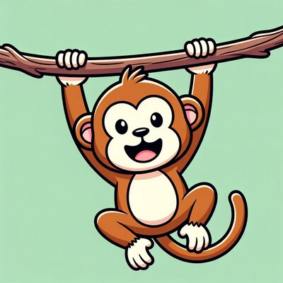 Cartoon monkey hanging from branch