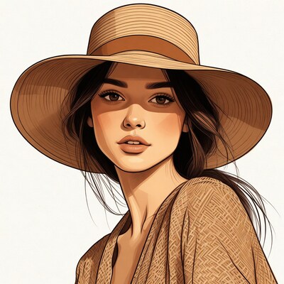 Woman wearing wide-brim straw hat