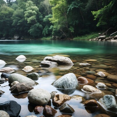 Clear River with Rocks and Forest