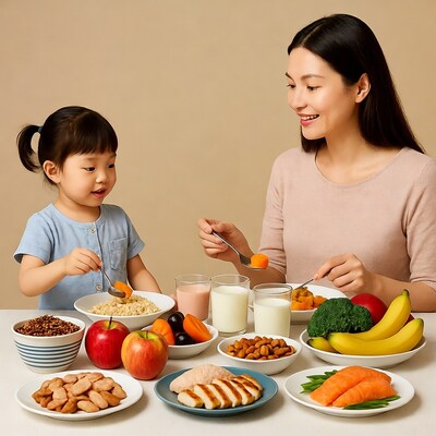 Asian mother and daughter eating healthy food