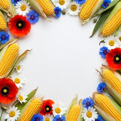 Corn Ears with Daisies and Flowers